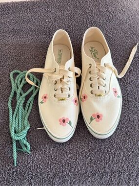 Converse Cream Canvas Boat Shoes with Pink Floral Embroidery